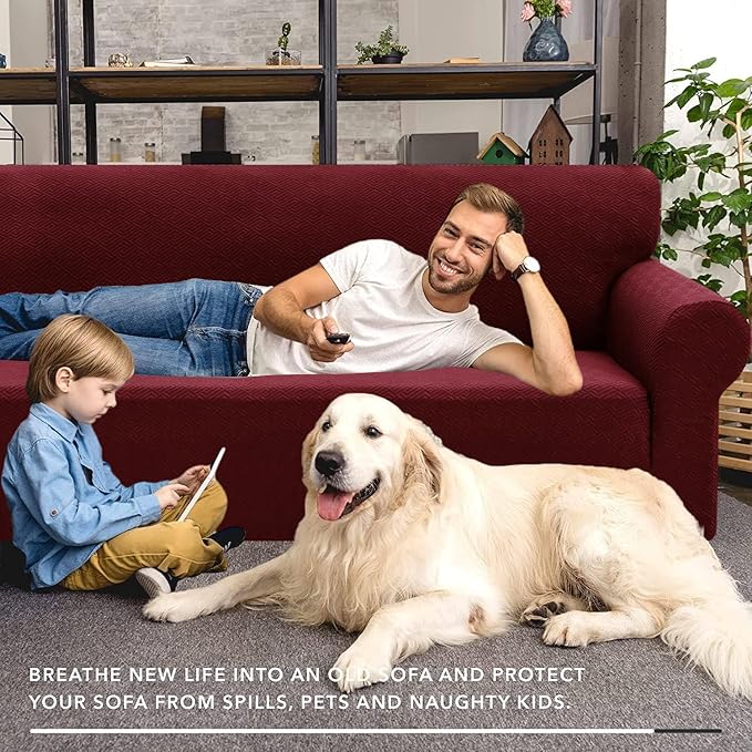 XINEAGE 2026 New 1 Piece Couch Covers for 2 Cushion (55"-69") Stretch Loveseat Sofa Cover Slipcover Jacquard Universal Furniture Protector with Elastic Bottom for Kids,Dog (Loveseat, Wine Red)
