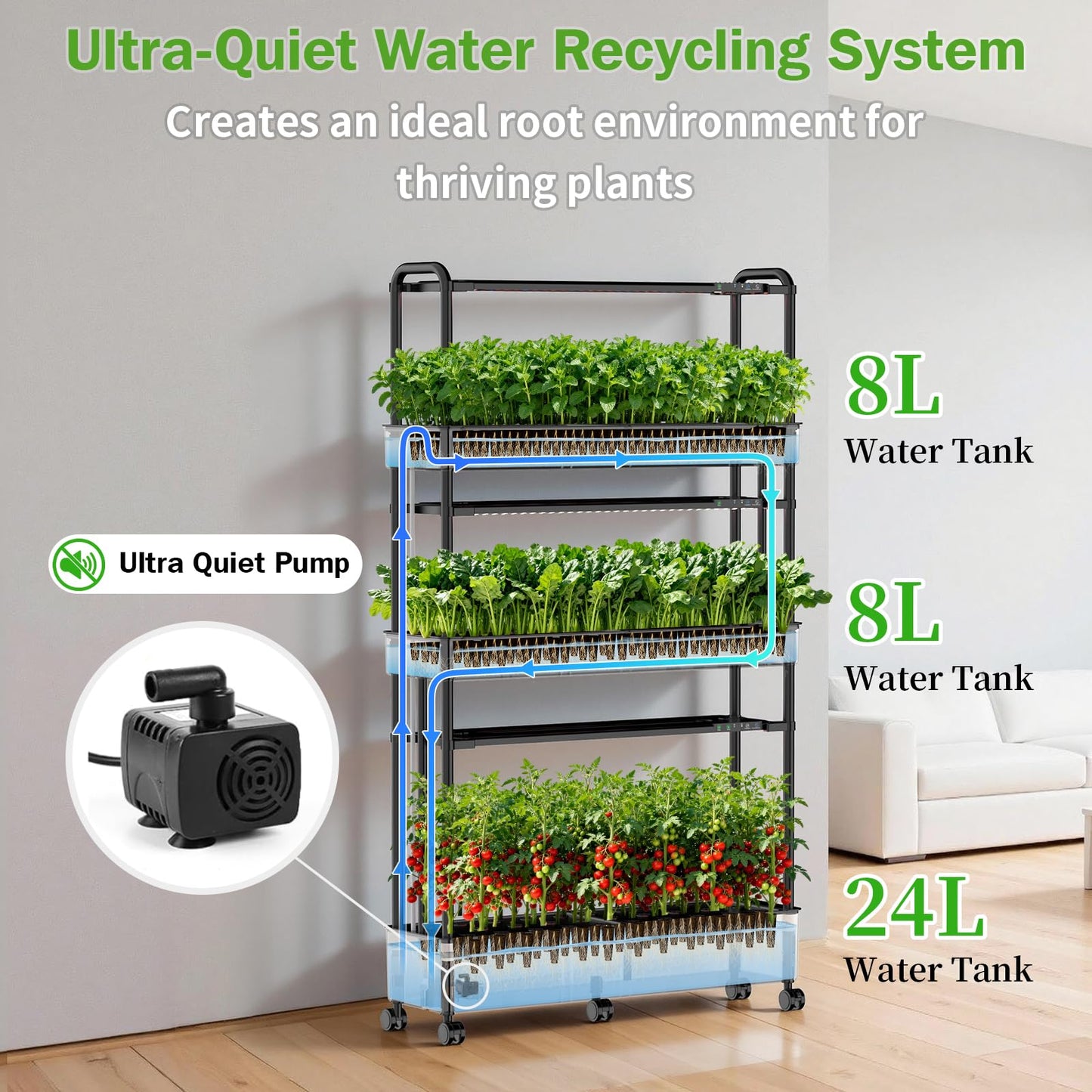 Growell Large Hydroponics Growing System Kit, 90 Pods Vertical Indoor Herb Garden Kit with 2 Light Modes & Auto Circulating Water System, 40L Movable Indoor Gardening System for Herb Vegetable Fruit