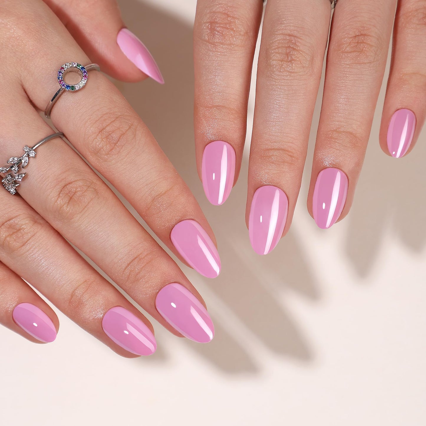 Hrnsnails Almond Shaped Press On Nails, Pink Press On Nails Almond, Glue On Nails Short Fake Nails with Glossy Designs,Acrylic Nails Press On Gel False Nails, Artificial Nails Stick On Nails for Women