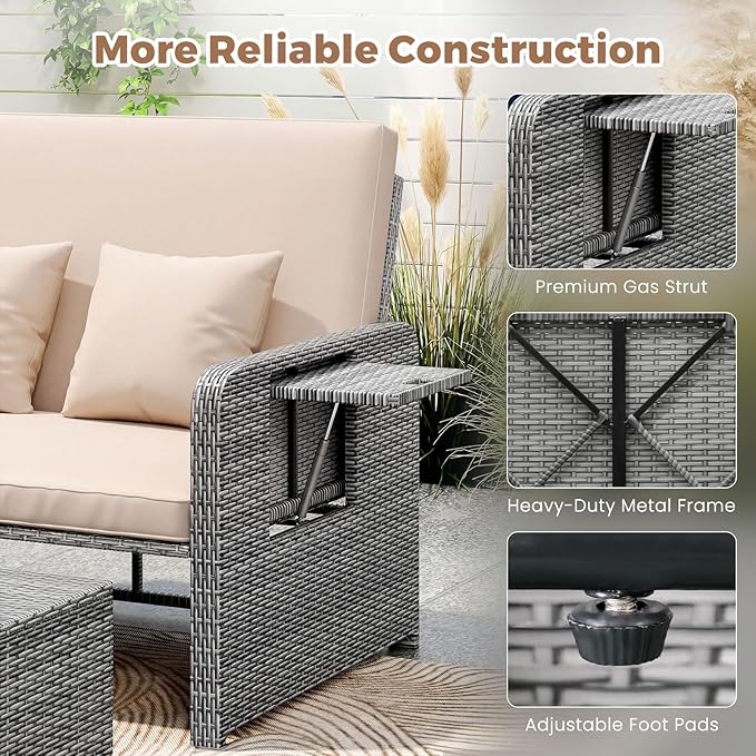 HAPPYGRILL Patio Rattan Wicker Daybed with Loveseat & Storage Ottoman, Outdoor Lounge Sofa Furniture Set with Adjustable Backrest & Side Trays, for Poolside Deck Porch Lawn (Mix Grey & Beige)