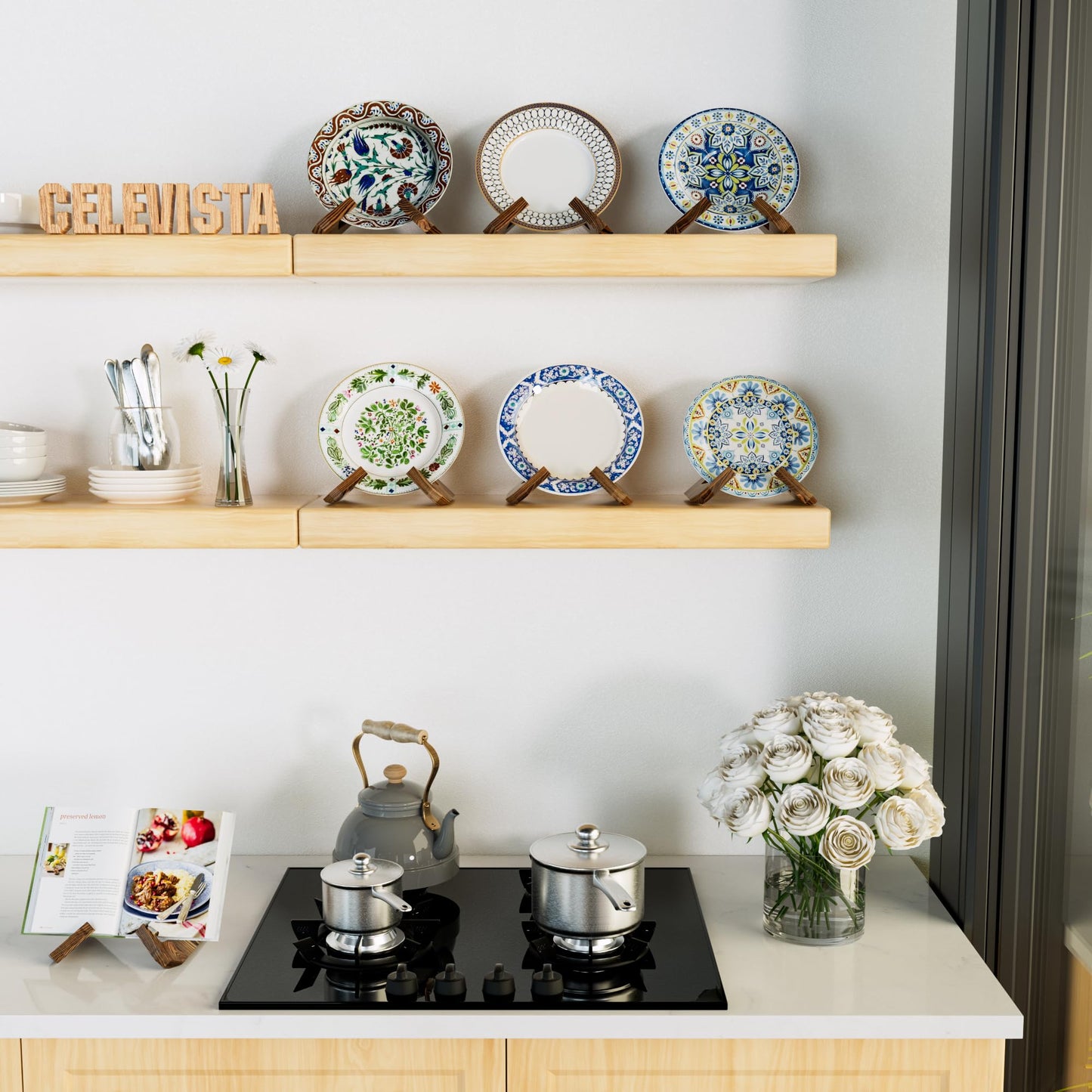 CeleVista Cookbook Stand for Kitchen, Wooden Cook Book Holder, Plate Stands for Decor Display, Recipe, Counter, Photo, Gift(Rustic Brown) (6.5in-2P)