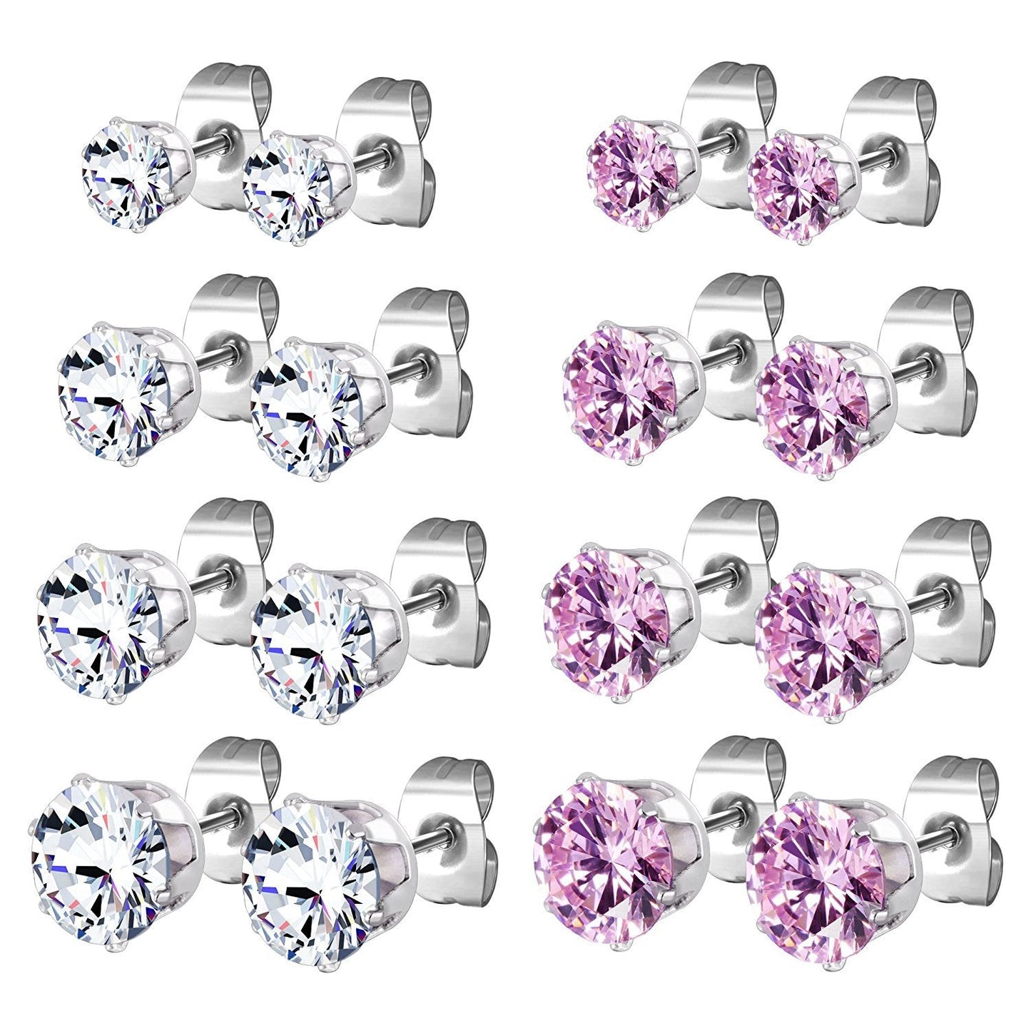 JewelrieShop Earrings for Women Studs Set Stainless Steel CZ Earing Hypoallergenic Multiple Piercing Ear Stud (8 pairs,4-8mm,White,Pink CZ)