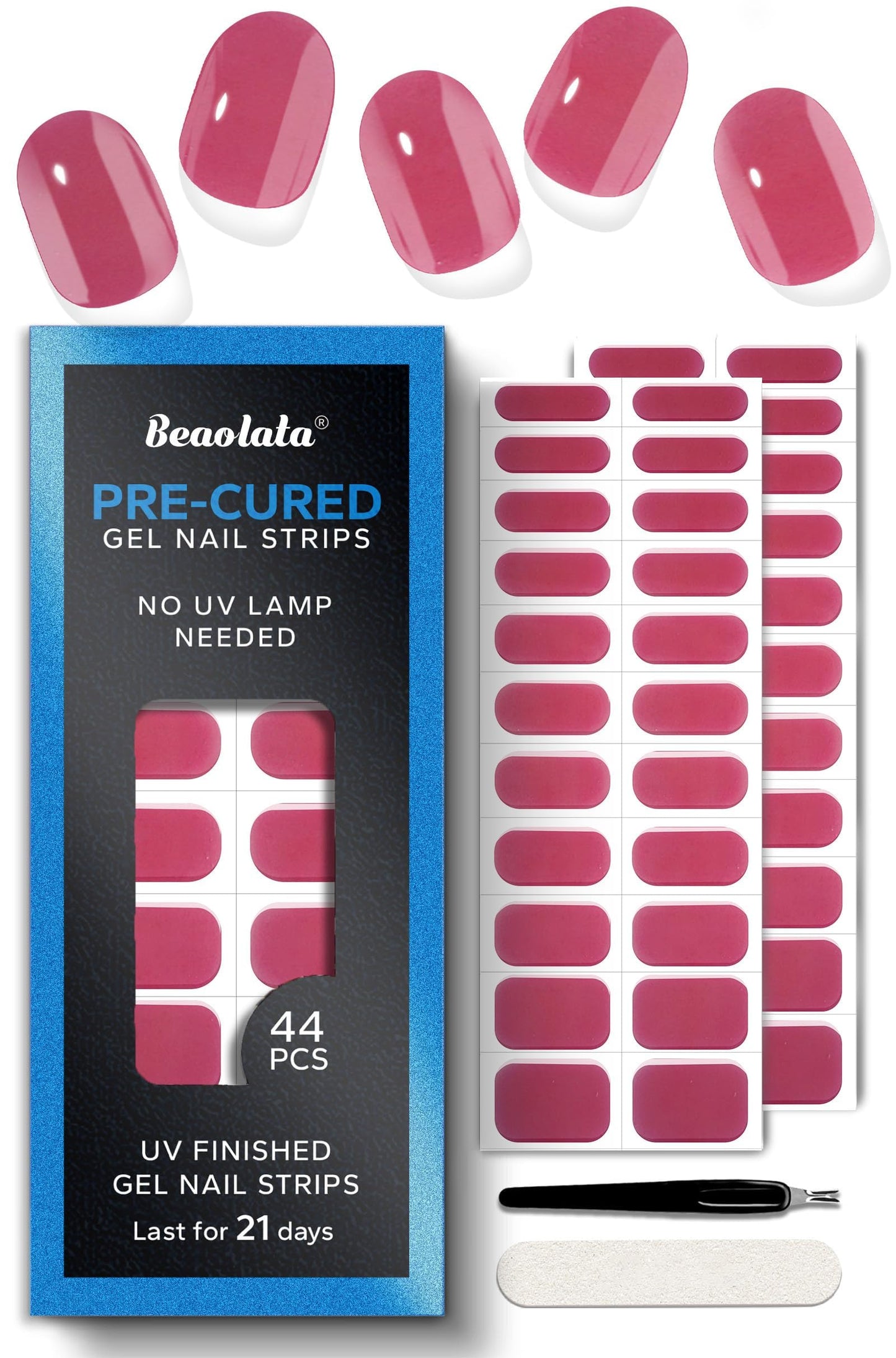 Beaolata Real Gel Nail Strips (No UV Light Needed) - 44Pcs Salon Quality Nail Stickers - Long Lasting Polish Wraps for Women, Easy Apply & Remove (Passionfruit Pink)