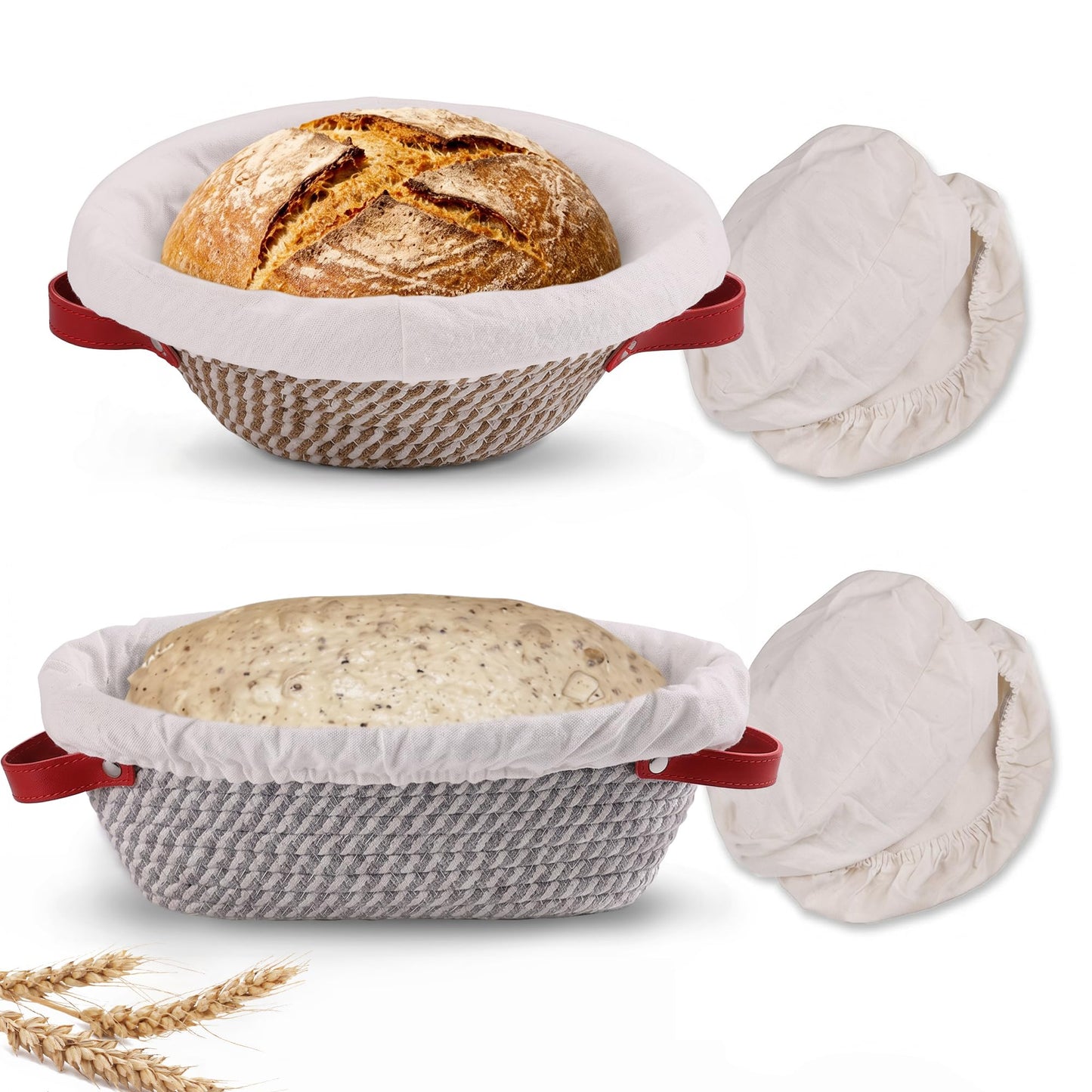 Banneton Bread Proofing Basket - Oval & Round Sourdough Bread Baskets Set - With Liner & Cloth Cover - For Bread Storage (Grey & Khaki Set) - Cotton Rope - Mother's Gifts
