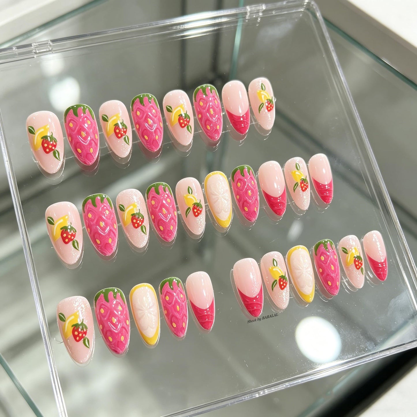 BABALAL Press On Nails, Medium Almond Fake Nails, Pink Yellow with 3D Strawberry Lemon & Bright Summe Design, Glossy Summer Fruit Kawaii Glue On Nails 24Pcs