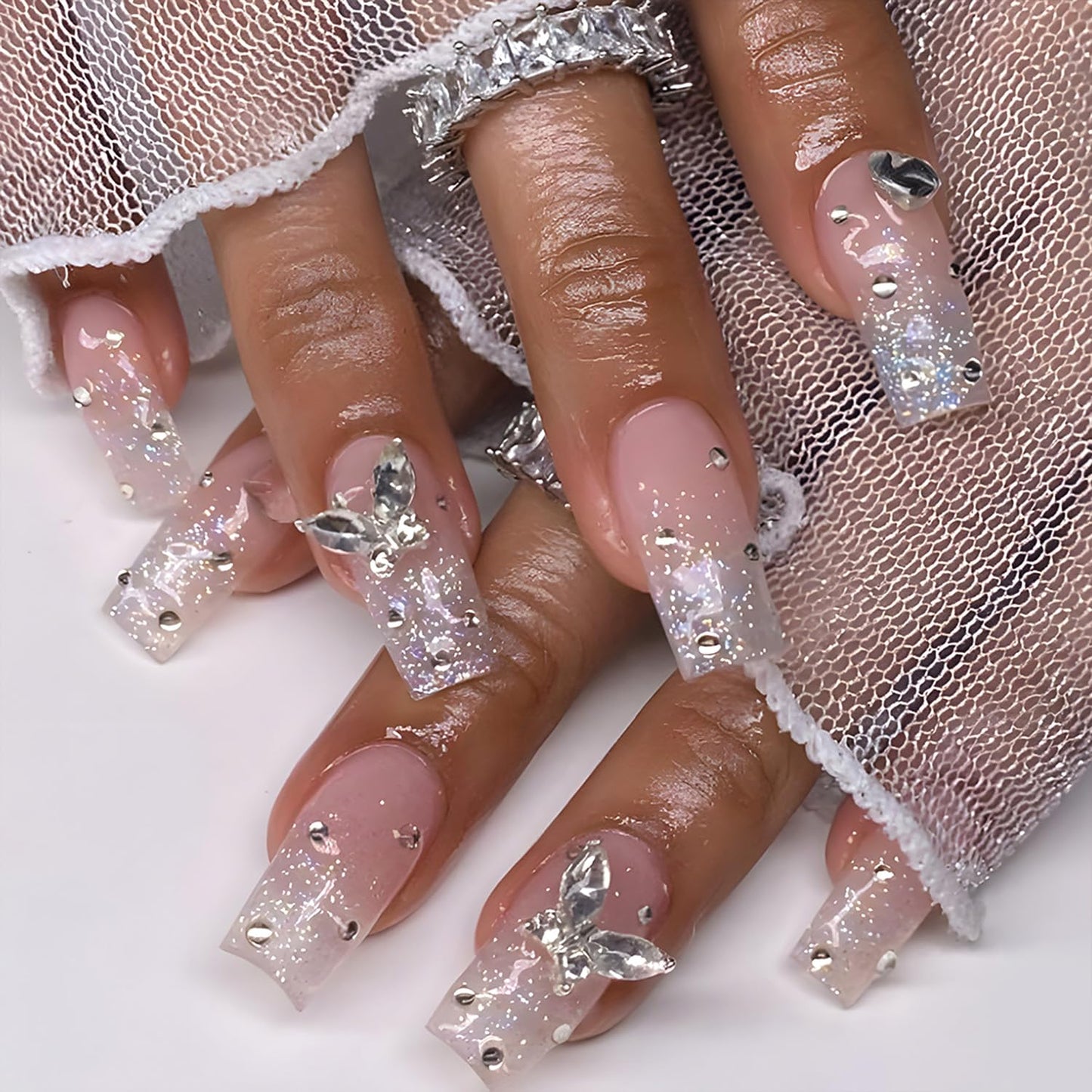 24Pcs Long Coffin Press on Nails Butterfly Fake Nails with Silver Glitter Rhinestones Designs White Gradient False Nails Cute Full Cover Artificial Glue on Nails Pink Stick on Nails for Women DIY Kit