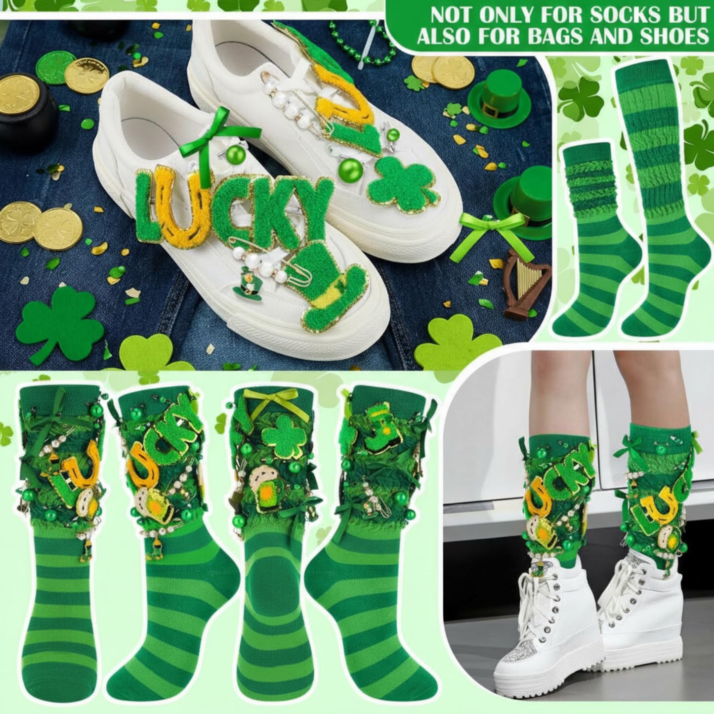 Chicingyou 40 Pcs St. Patrick's Sock and Charms Kit for Women Include 2 Pairs DIY Irish Socks 38 St. Patricks Charms Accessories Jewelry Decor Irish Chenille Patches Brooch Green Shamrock Patrick Gift