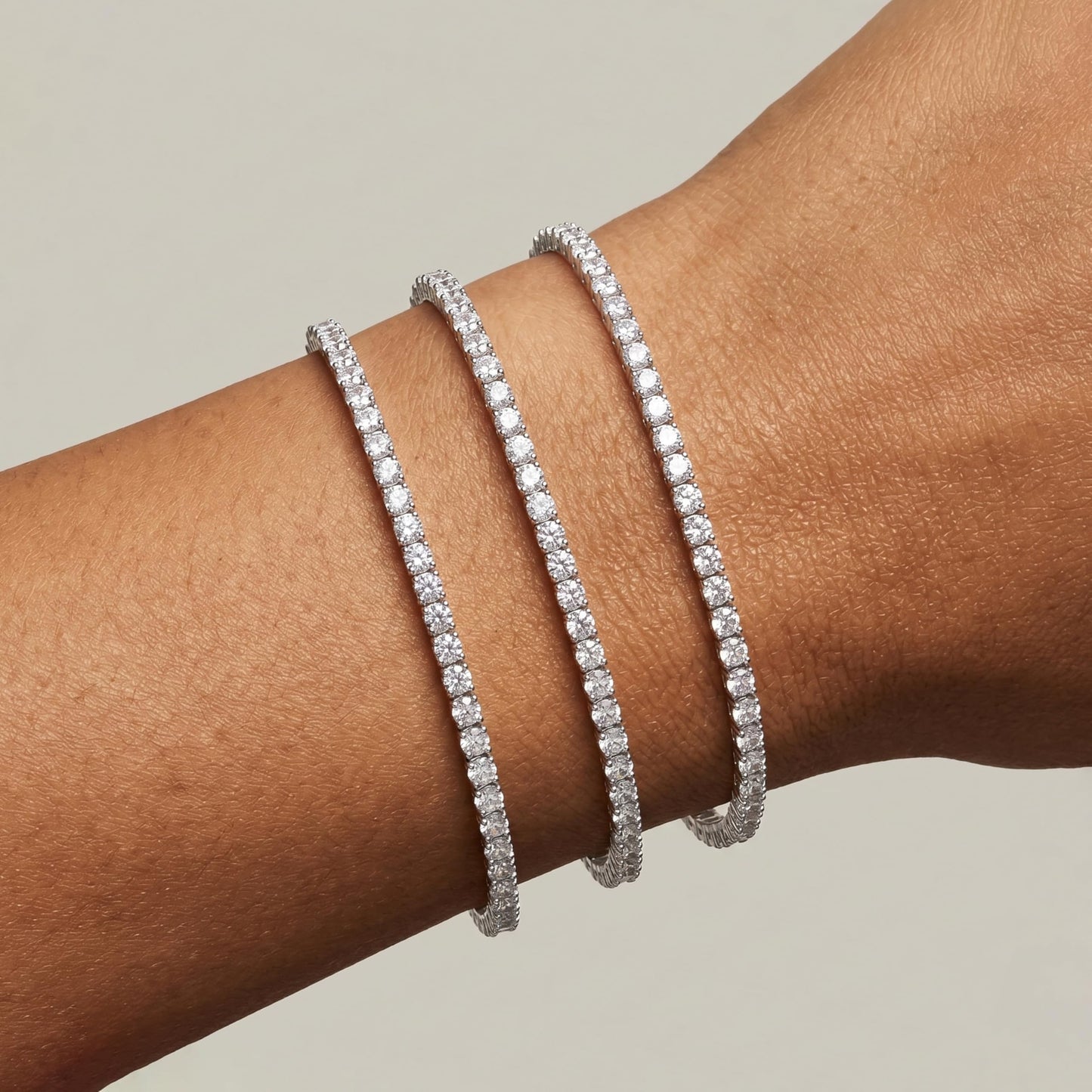 Dainty 2mm Silver Tennis Bracelet Set for Women, Sterling Silver Plated Triple Stackable Zirconia Bracelets, Minimalist Professional Jewelry for Business Casual Office Wear, 3-Piece Sparkle Wrist Set