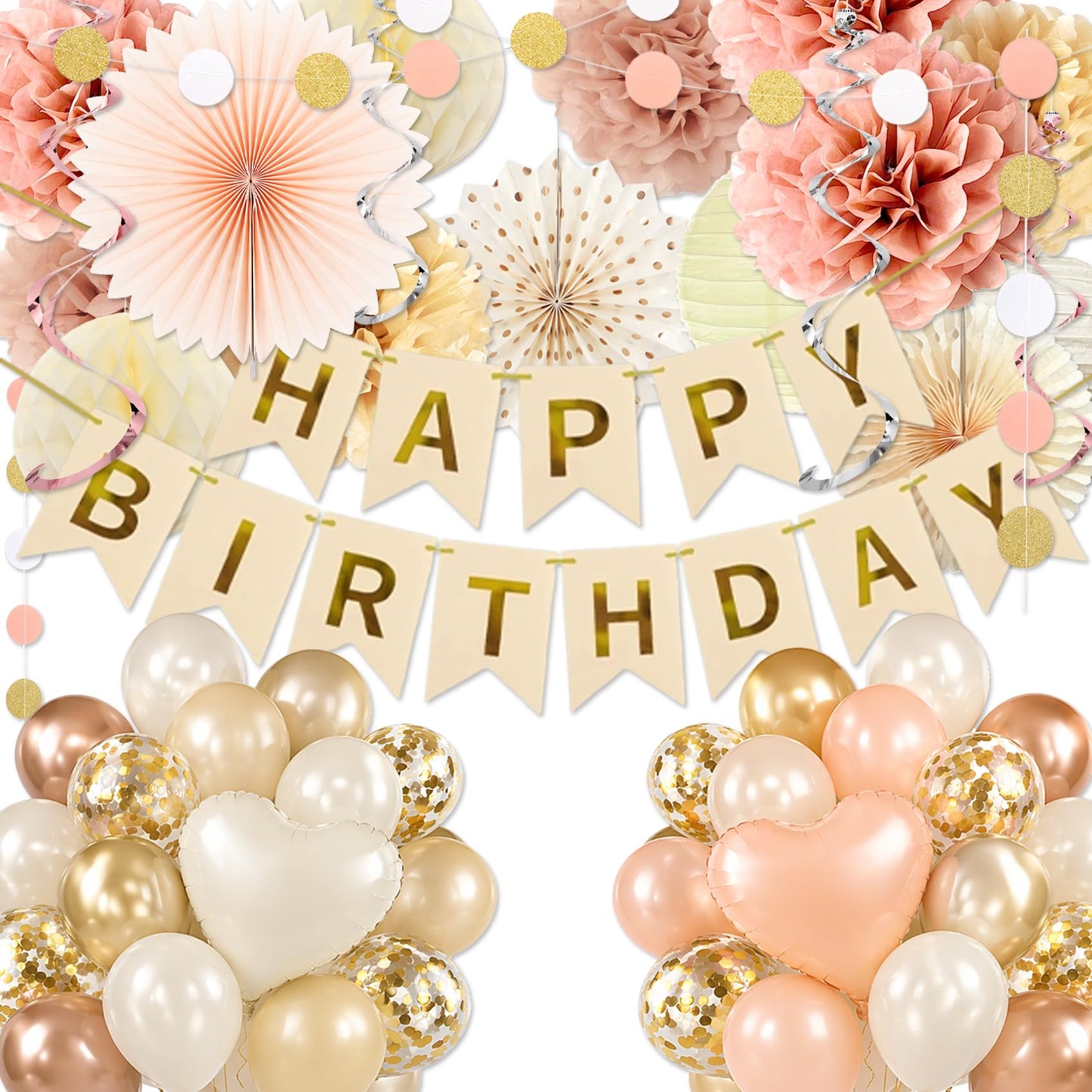 64Pcs Birthday Party Decorations Happy Birthday Banner, Paper Lanterns, Streamers, Tissue Pom Poms, Party Balloons, Rustic Backdrop Decor (Champagne-Gold Beige)