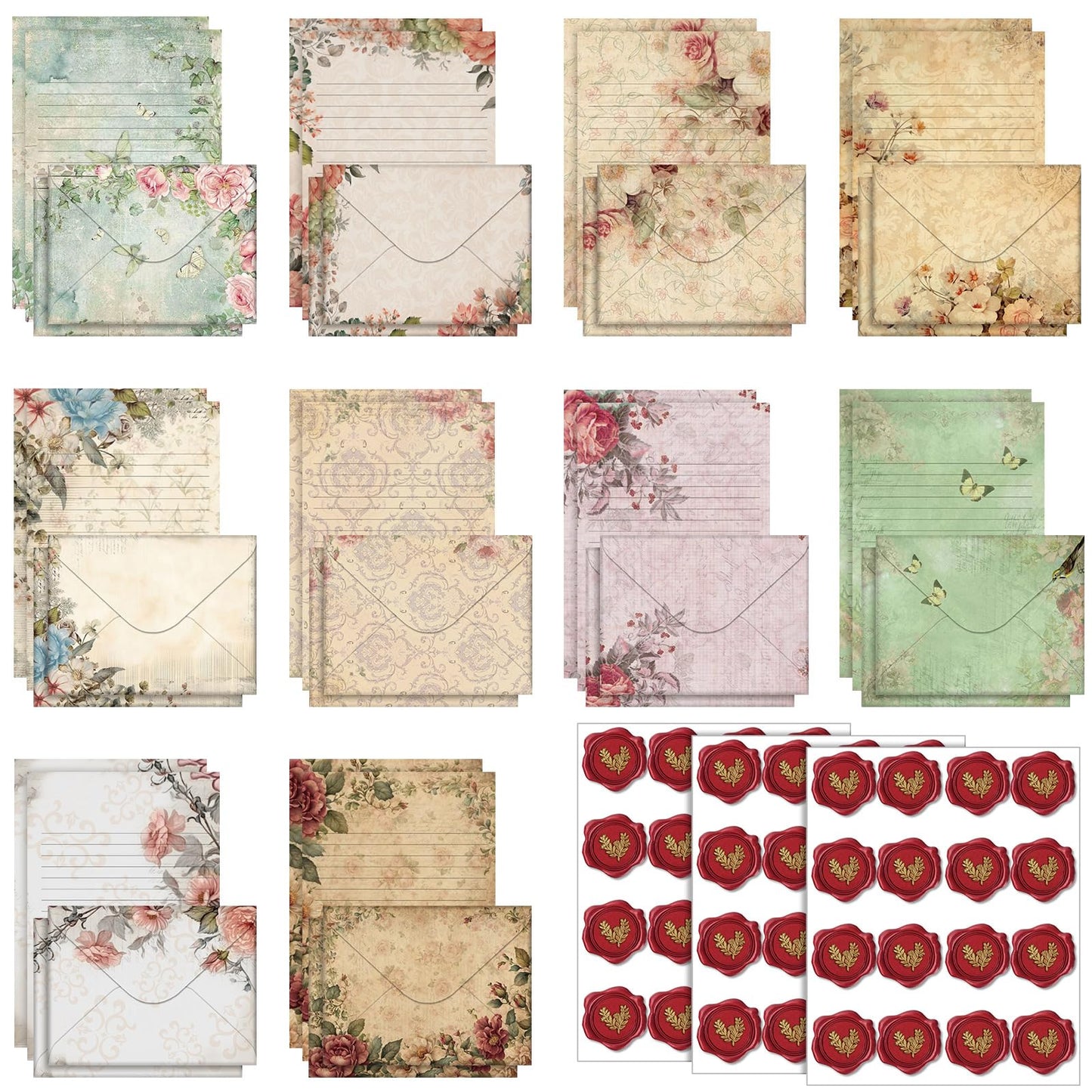 TaoBary 160 Pcs Stationery Paper Set 50 Double Sided Stationery Papers with 50 Matching Envelopes and 60 Round Dot Sticker, 10 Design(Vintage Floral,5.5 x 8.25 Inch)
