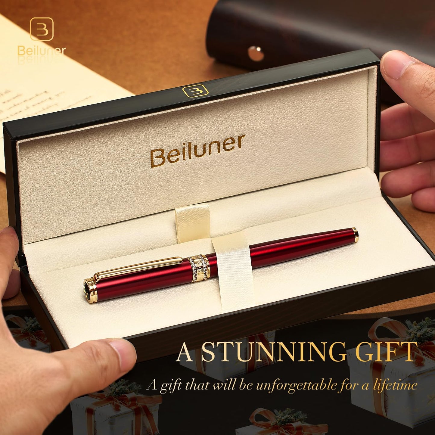 BEILUNER Luxury Rollerball Pen, Diamond-Studded Cap Design, 24K Gold Finish, Noble and Elegant, Schneider Ink Refill, Fancy Pen Gift Set for Women & Men, Executive Office, Nice Designer Pens