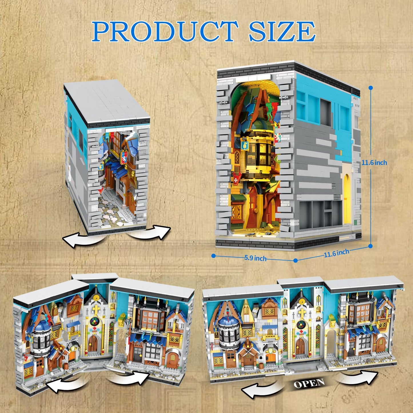 Reobrix Medieval Architecture Book Nook Building Set with Lights, European Century Street View Bookshelf Insert Decor, Bookshelf Diorama Building Blocks Kit, DIY Miniature House Model Kit
