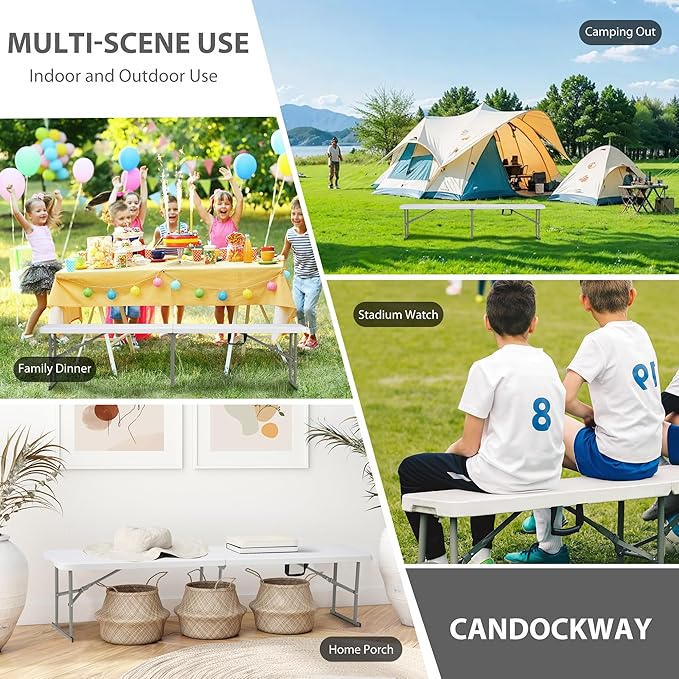 6ft Plastic Folding Bench with Carrying Handle & Lock, Portable Outdoor Bench in Garden Picnic Camping Dining Party Seat, Waterproof Bench for Soccer Activities, Firm and Durable (2Pack A)