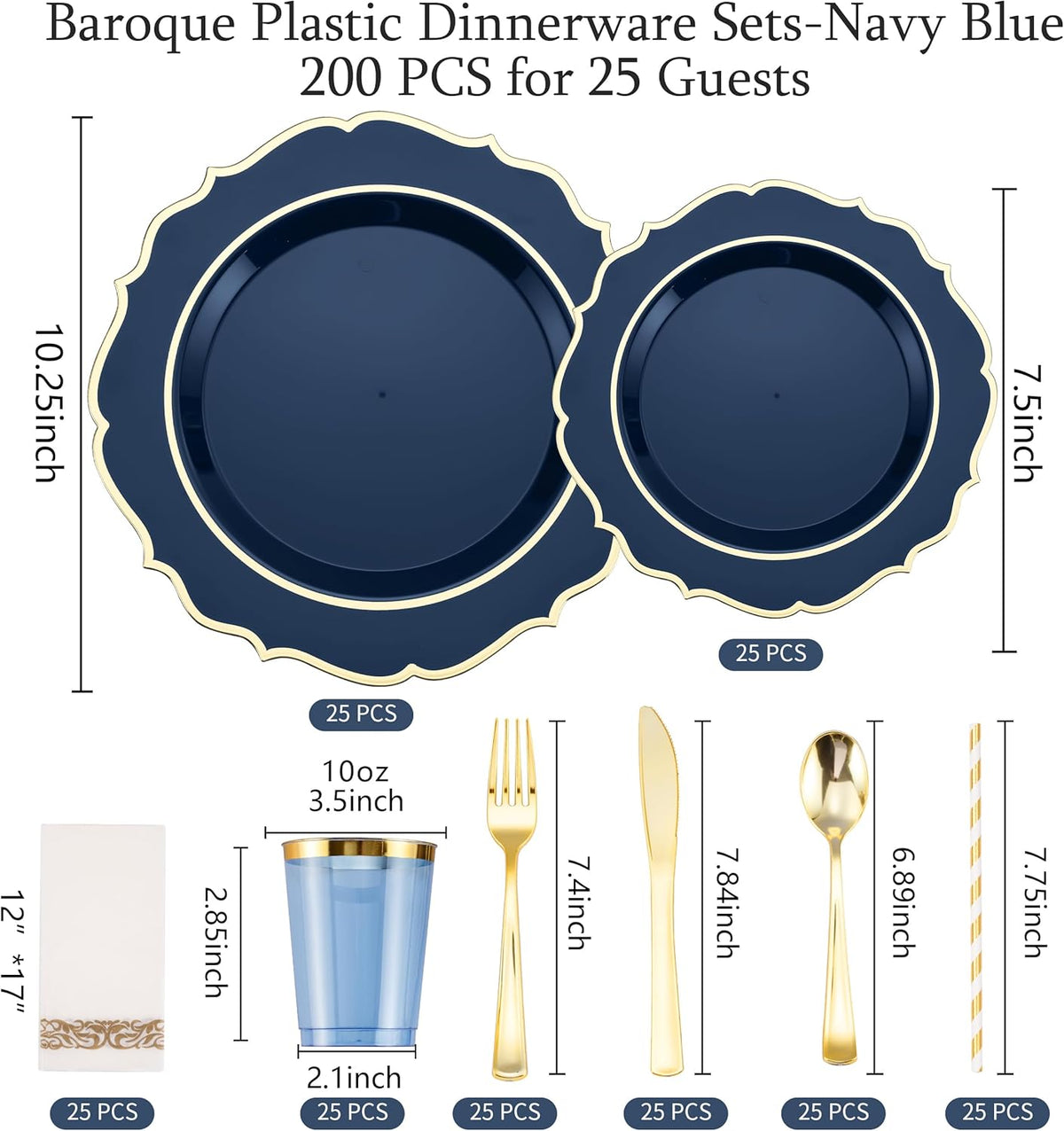 200 PCS Premium Blue Plastic Plates for 25 Guests, Heavy Duty Blue and Gold Disposable Plate, include 25 Plastic Dinner/Dessert Plates, 25 Silverware Set, 25 Cups, Straws for Party Graduation