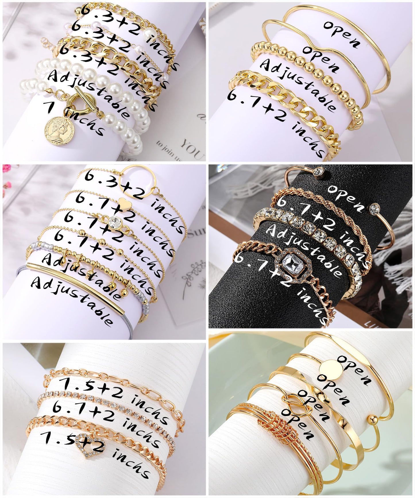 IFKM 6 Pack (27 Pcs) 14K Gold Plated Stackable Open Cuff Bangle Chain Bracelets Set for Women
