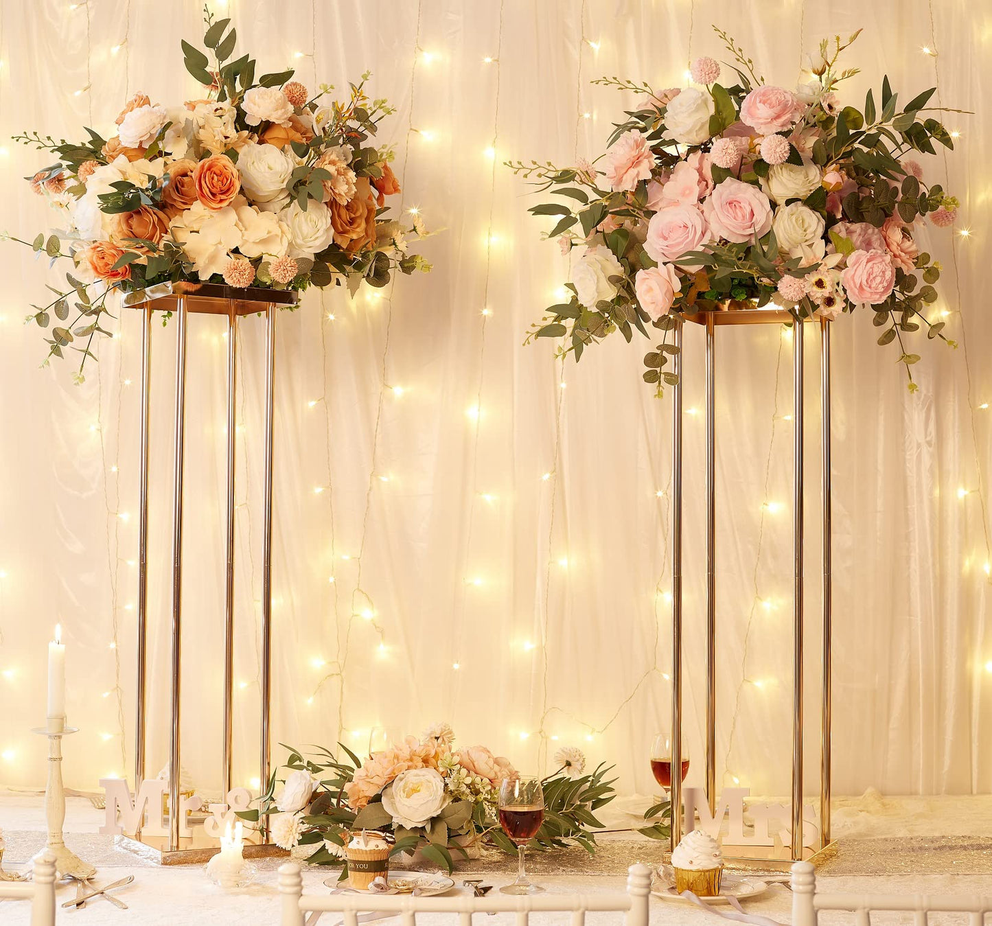 Geometric Gold Vases for Wedding Centerpieces - 31.5" Artificial Flower Display Stands, Set of 2 Elegant Flower Racks for Wedding Christmas Carnival Party Dinner Event Home Decor