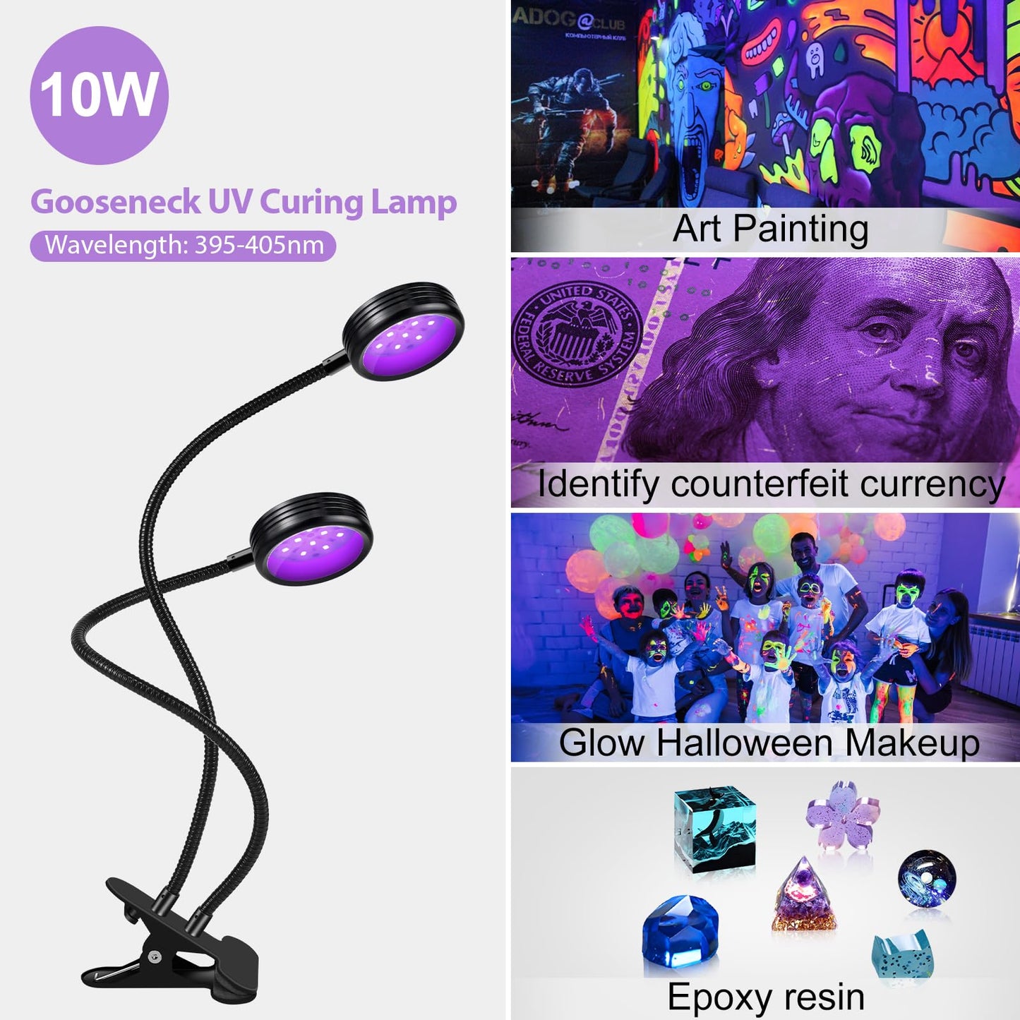 LEDLampsWorld USB UV Black Light Dual Head, 10W 395nm-405nm LED Lamp with Clamp, Gooseneck for Resin Curing, Blacklight, Posters, Paint Collection