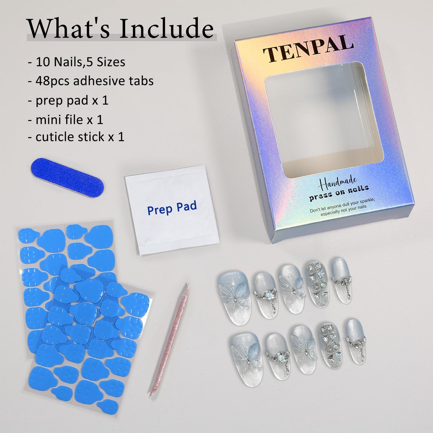 TENPAL Cat Eye Press on Nails 10Pcs Full Kit - Short Oval Icy Ocean Gradient False Nails, 3D Butterfly Rhinestone Spring Summer Fake Nails, Ethereal Glue on Nails for Girls Glitter Shimmer Design(M)