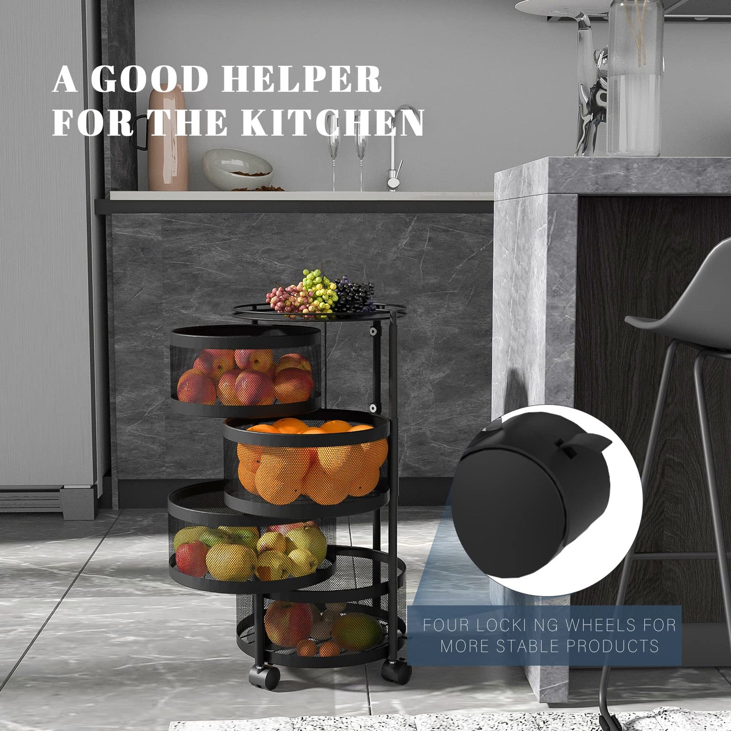HOYRR Rotating Storage Rack for Kitchen, 4 Tier Fruit and Vegetable Storage for Kitchen Rotating Storages Rack with Wheels, Cart Space Saver Potatoes Fruit Basket, Black