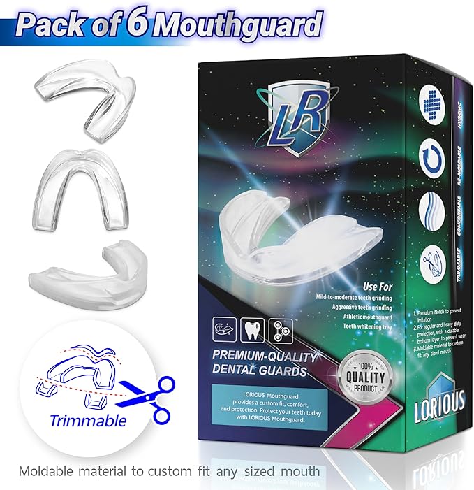 Mouthguard - 3 Different Sizes Premium Set of 6 BPA Free Moldable, Customizable, Trimmable Dental Grade Mouth Guard for Grinding Teeth Clenching Bruxism, Dental Night Guards for Teeth Grinding