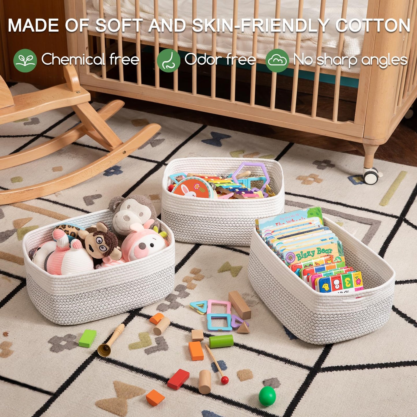 OIASKET Storage Baskets for Organizing 3 Pack, Woven Baskets for Shelves, Closet Organizer Bins Empty Gift Basket Toy Storage for Toys, Books, Towels, Clothes, 15"x11.42"x6.7", White & Black