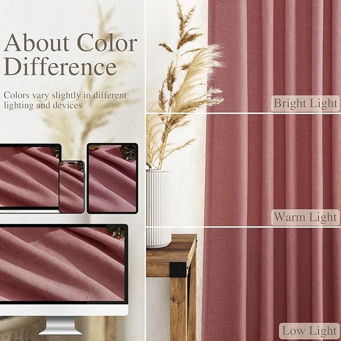 Canyon Rose Linen 112 Inch Curtains for Living Room Light Filtering Semi Sheer Curtain Back Tab Modern Farmhouse Decor Elegant Girl Drapes Floor to Ceiling High Window for Bedroom 52x112, 2 Panels