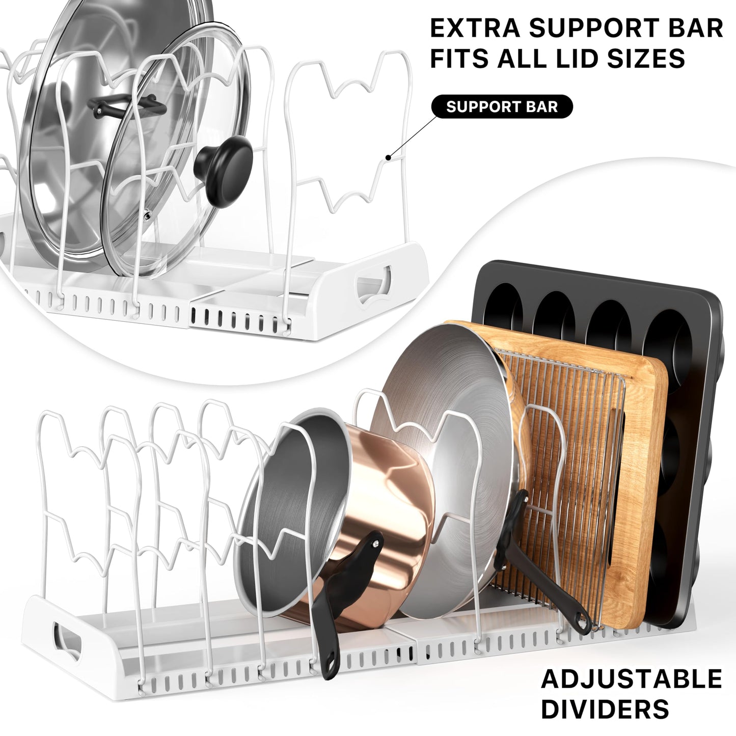 Simple Houseware Expandable Pan Organizer Rack, 10 Adjustable Compartments, White - Kitchen Cabinet Organizer for Pots, Pans, Lids & Bakeware - Pantry & Countertop Storage