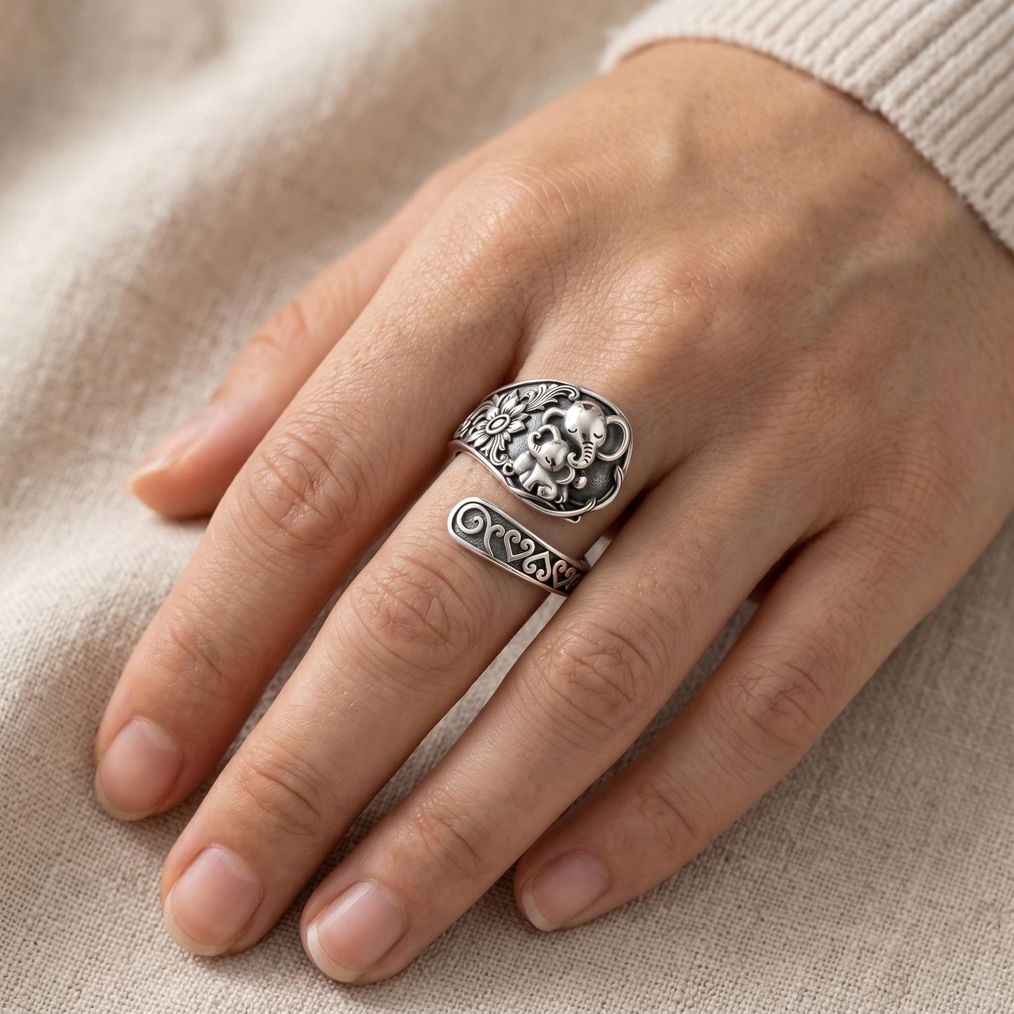 Midari Elephant Ring 925 Sterling Silve Mother Daughter Open Love Spoon Ring Finger Engraved Adjustable Mother Open Spoon Thumb Rings Mom Jewelry for Women Men
