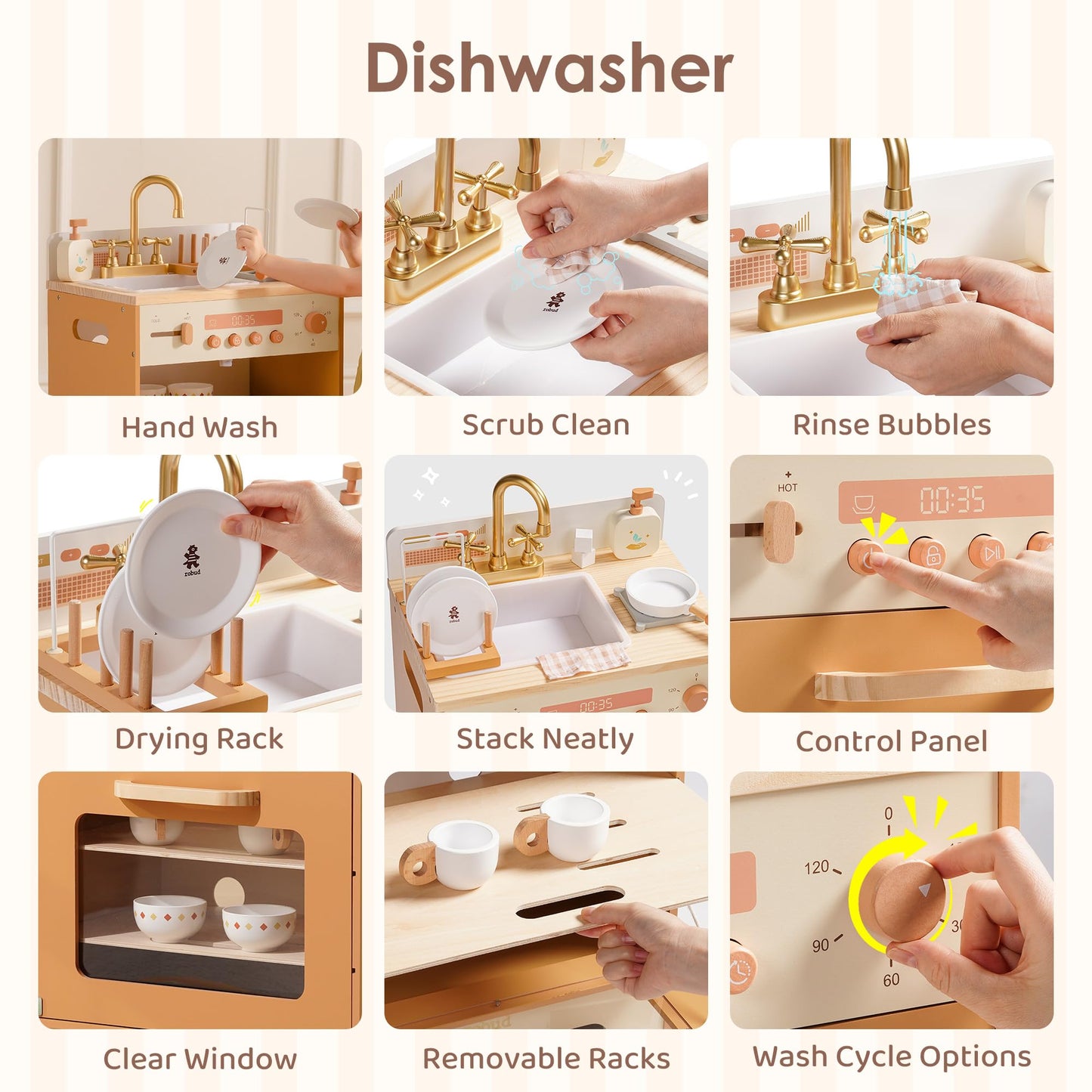 ROBUD Wooden Play Kitchen, 4-in-1 Kids Kitchen Playset with Fridge, Washing Machine, Dishwasher, Toddlers Role Play Kitchen Set Gift for Boys & Girls, Age 3+ (Caramel)