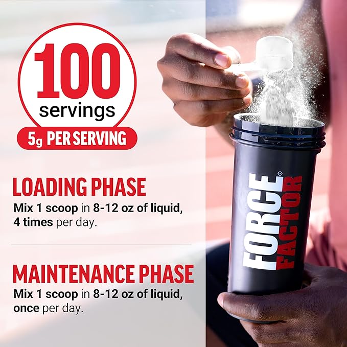 FORCE FACTOR Creatine Monohydrate Powder, Micronized Creatine for Muscle Growth, Strength & Recovery, Clinically Studied 5g Dose per Serving, Unflavored, 100 Servings
