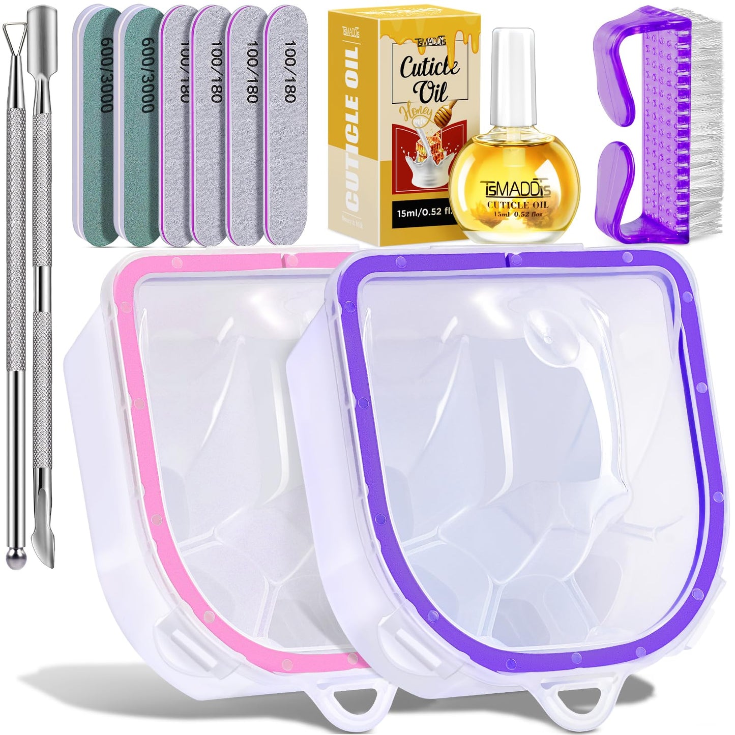 TsMADDTs 12 pcs Nail Soaking Bowl Acetone Gel Polish Remover Kit with 2 pcs Soak Off Bowls Manicure Bowls for Hands, Cuticle Remover Tools, Cuticle Oil, Files, Buffers, Brush, Dip Removal Kit