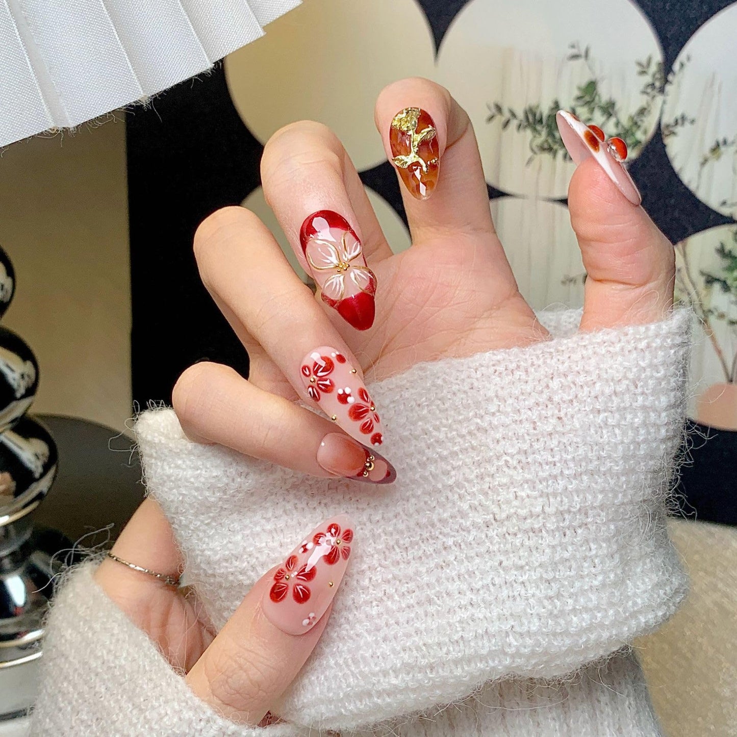 Almond Press on Nails Medium - Handmade Fake Nails with 3D Gold Flower Design - Winter Cherry Full Cover Glue on False Nails for Women - (Size S)