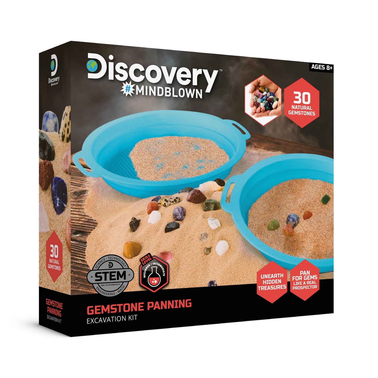 Discovery™ Gemstone Panning STEM Kit – Pan for 30 Real Gems| 2 Sifting Pans, Sand & Learning Guide| Educational Science Activity for Kids| Geology Rock Excavation Set| Boys & Girls Toy Gift| Ages 8+