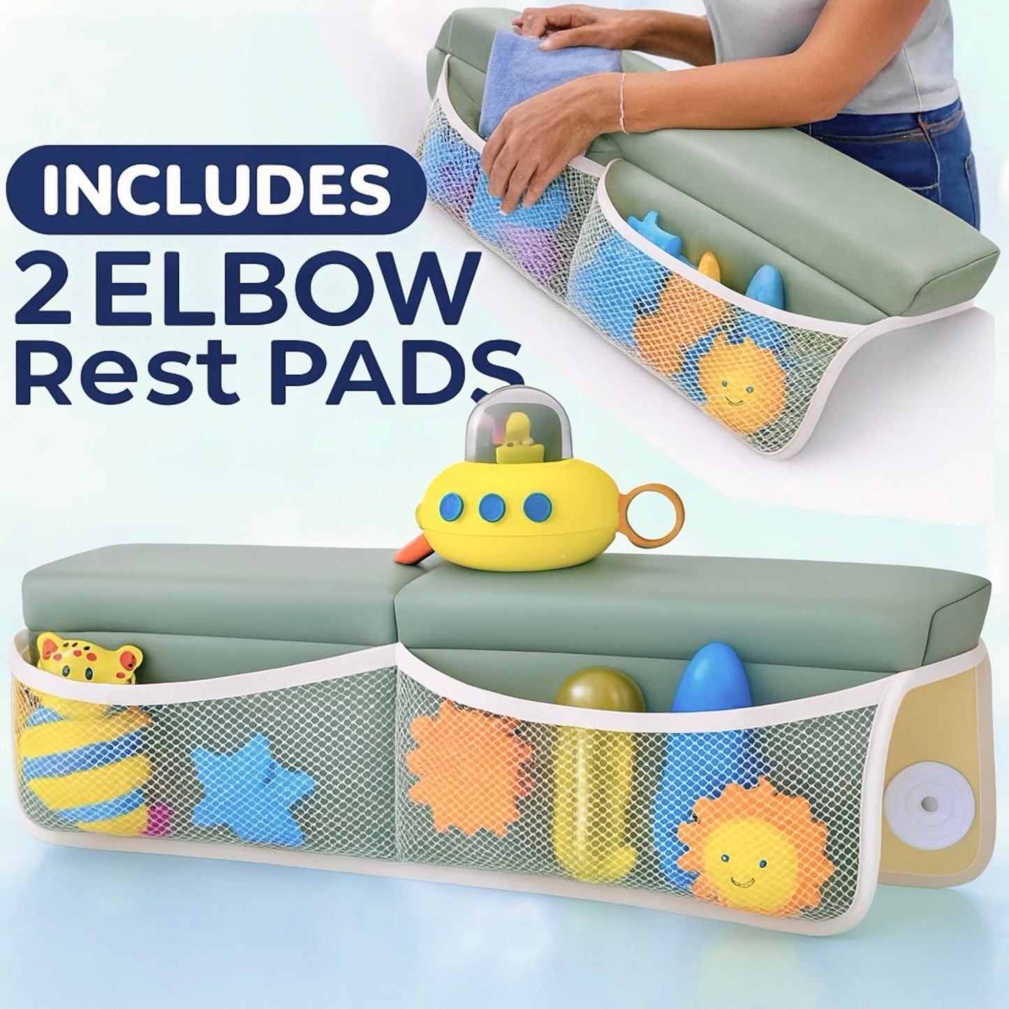 Comfortable Baby Bath Kneeler and Elbow Rest Pad Set, Non-Slip Bathtub Kneeling Pad for Bathing Baby, Bath Tub Cushion Mat, Elbow Pads, Toy Organizer Storage Pockets, Strong Suction Cups (Green Gray)