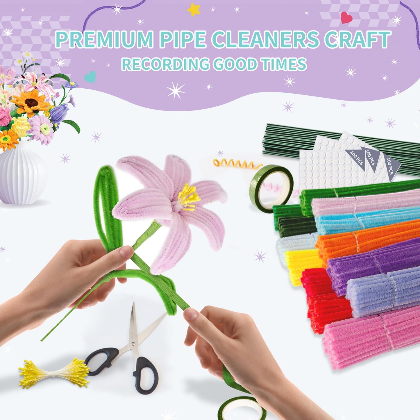 POMBUDS 572 PCS Pipe Cleaners Flower Kit, 13 Colors Chenille Stems with Floral Wires, Stamen, Tapes, Dot Glue, Instruction & White Box – DIY Craft Set for Handmade Bouquets