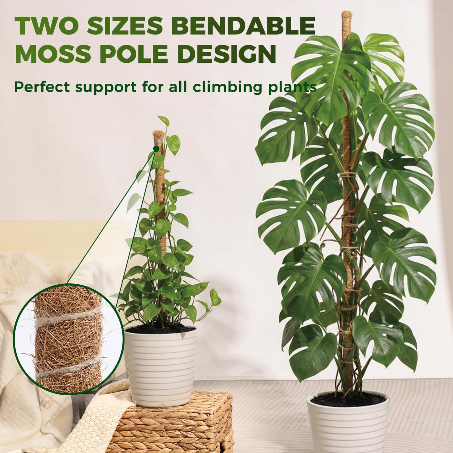 4 Pack Moss Pole Monstera Plant Support, 2 Pack 28" & 2 Pack 48" Bendable Plant Stakes Made of Real Coco Coir Support for Climbing Indoor Plants, Tall Moss Stick Trellis for Potted Climbers