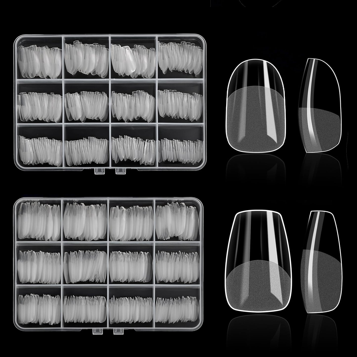 480PCS Nail Tips Clear False Nails Full Cover for Acrylic Fake Nails Kit 12 Sizes 2 Shapes Short Coffin Round Pre-Shape for Salon Home DIY Gifts