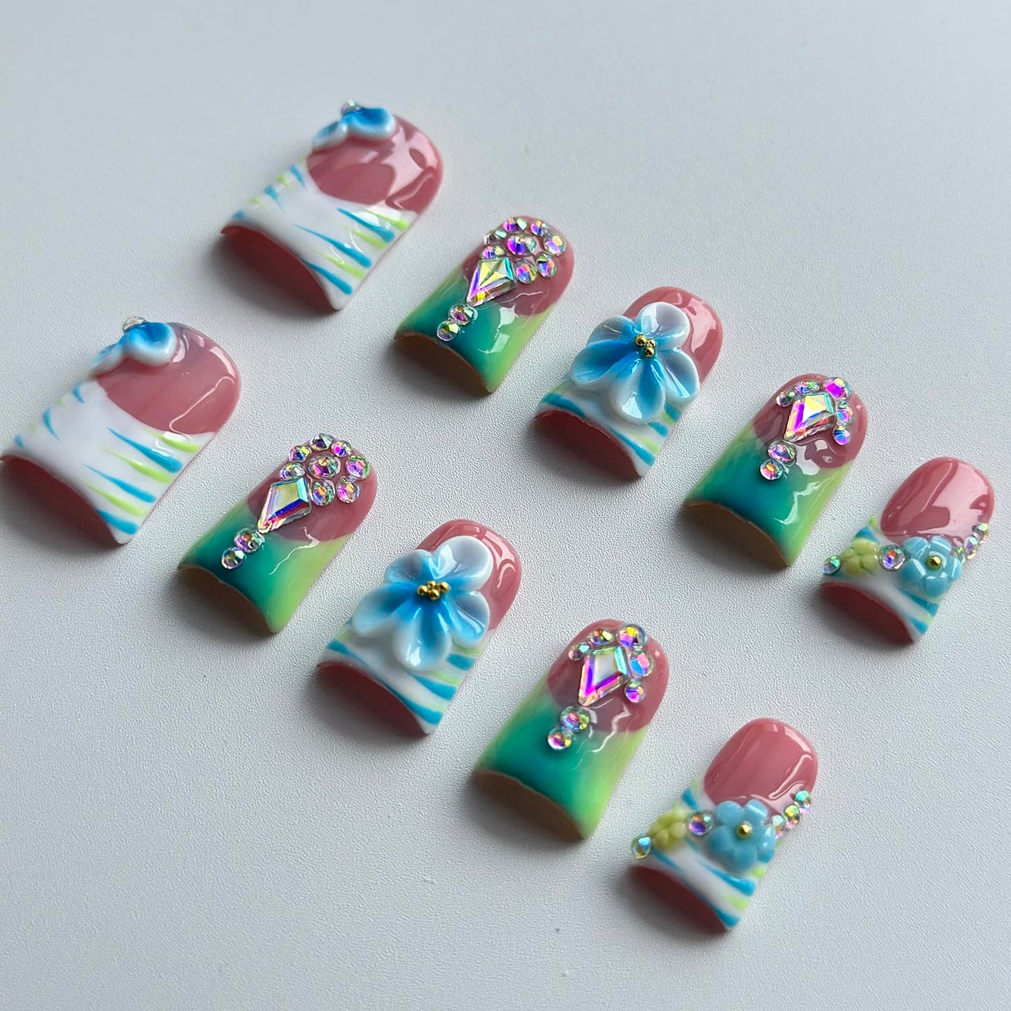 Luxury Press on Nails Short Duck Handmade 3D Unique Reusable ABS Material Fake Nails French Tip False Nails with Designs Floral Rhinestones Blue&Green Glossy Glue on Thick Acrylic Nails(S)