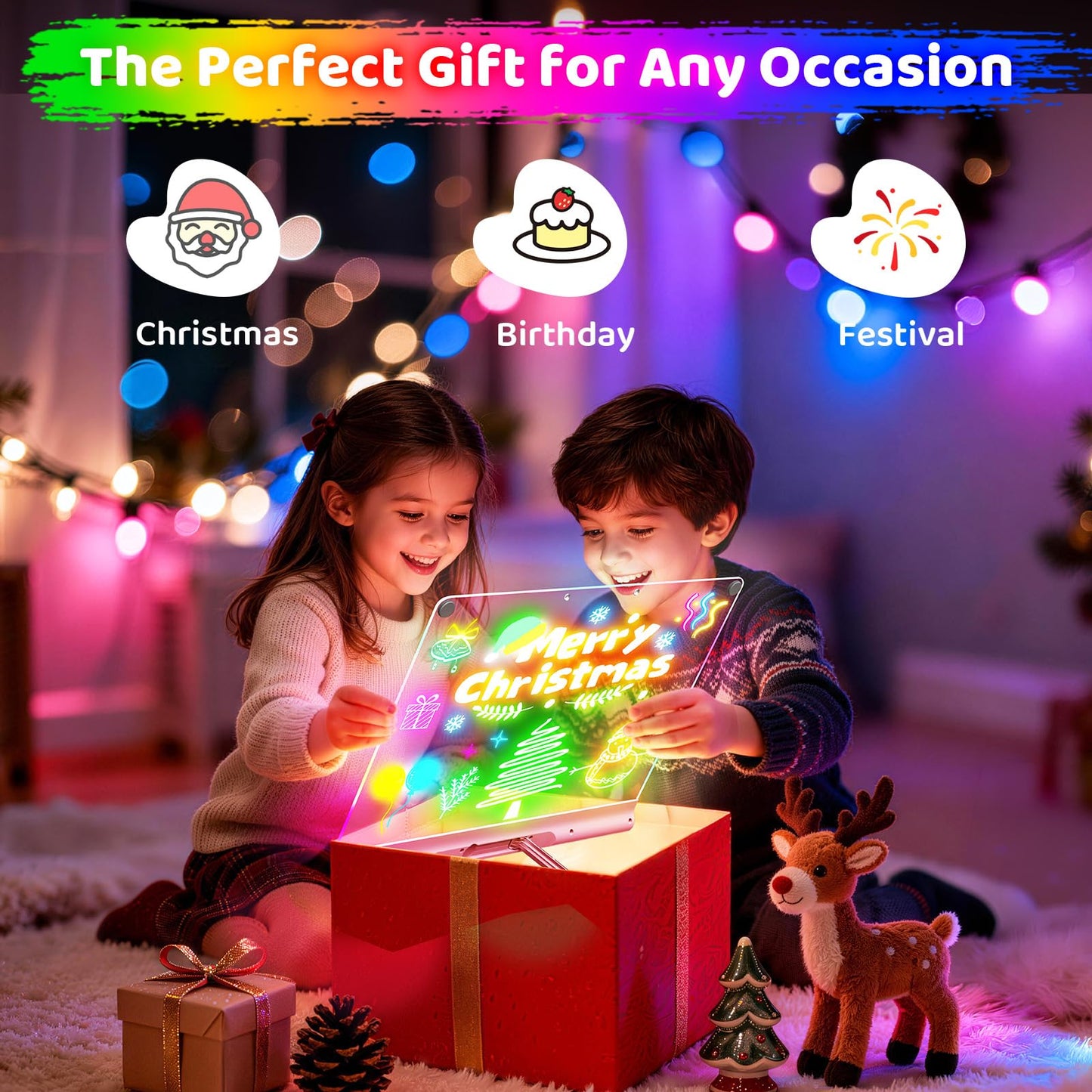 16“ Rechargeable LED Drawing Board, 9-Color Light Modes with Timer & Built-in Stand, Neon Art Dry Erase Glow Up Doodle Note Pad, Sketching Gift Toy for Kids/Girls/Teens, 6 Markers & Tracing Book
