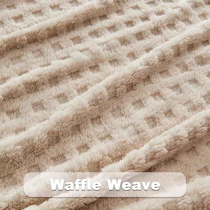NEWCOSPLAY Super Soft Queen Blanket Linen Premium Silky Flannel Fleece 3D Waffle Checkered Lightweight Bed Blanket All Season Use (Linen, Queen(90"x90"))
