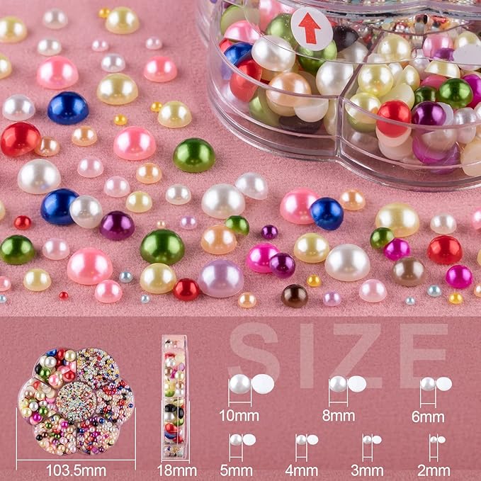 Nail Art Flat Back Half Round Pearl Kits 14, 1 Box of 6000 Pcs Flat-Back Mixed Color Pearl with Tweezer and Picker Pencil for Home DIY Nails Body Face Craft and Salon Use