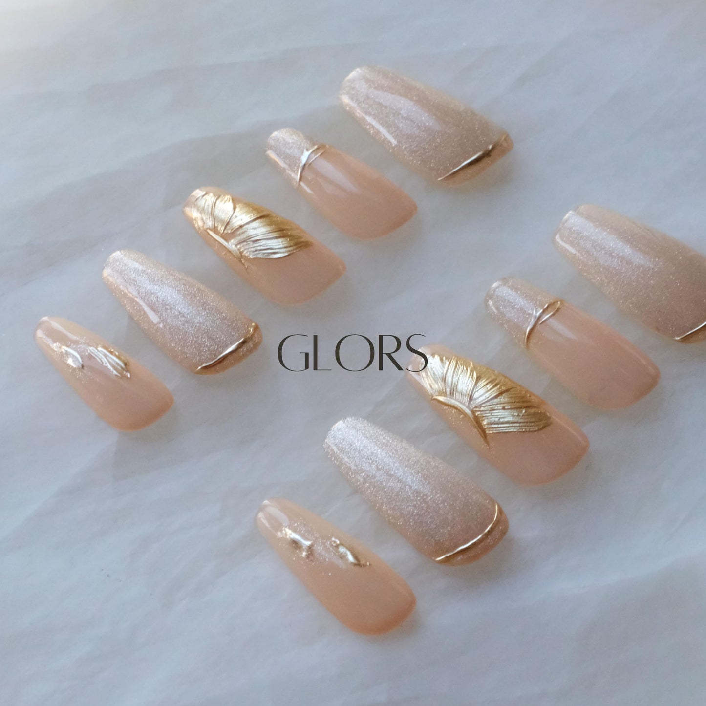 GLORS Press On Nails, Long Ballerina Style, Nude Pink with Gold Accents, 10 Pieces (Small,LB)