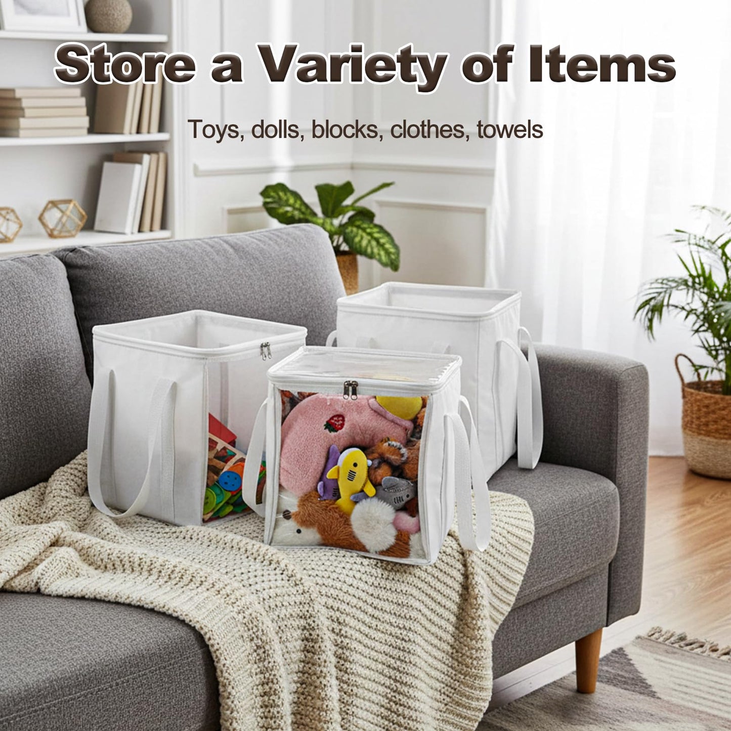 Afcabakila 3 Pack Large Storage Bins, Foldable PVC Organizer Box with Transparent Lid & Handles, Multi-Purpose Toy Clothes Books Home Decor Storage (White, 12 Inch)