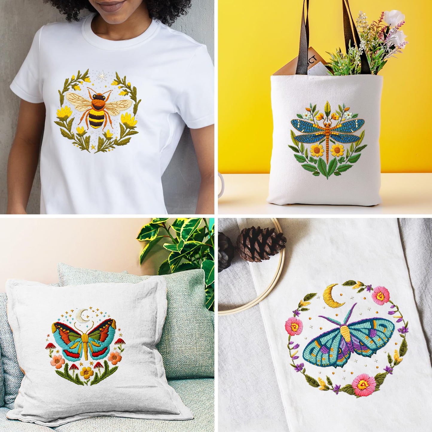 INFUNLY 4 Sets DIY Insect Pattern Embroidery Kits for Starter 11.8"×11.8" Flowers Plants Embroidery Hoop kit Handmade Bees Embroidery Kits Moth Needlepoint Kit with Instruction for Adults Beginners