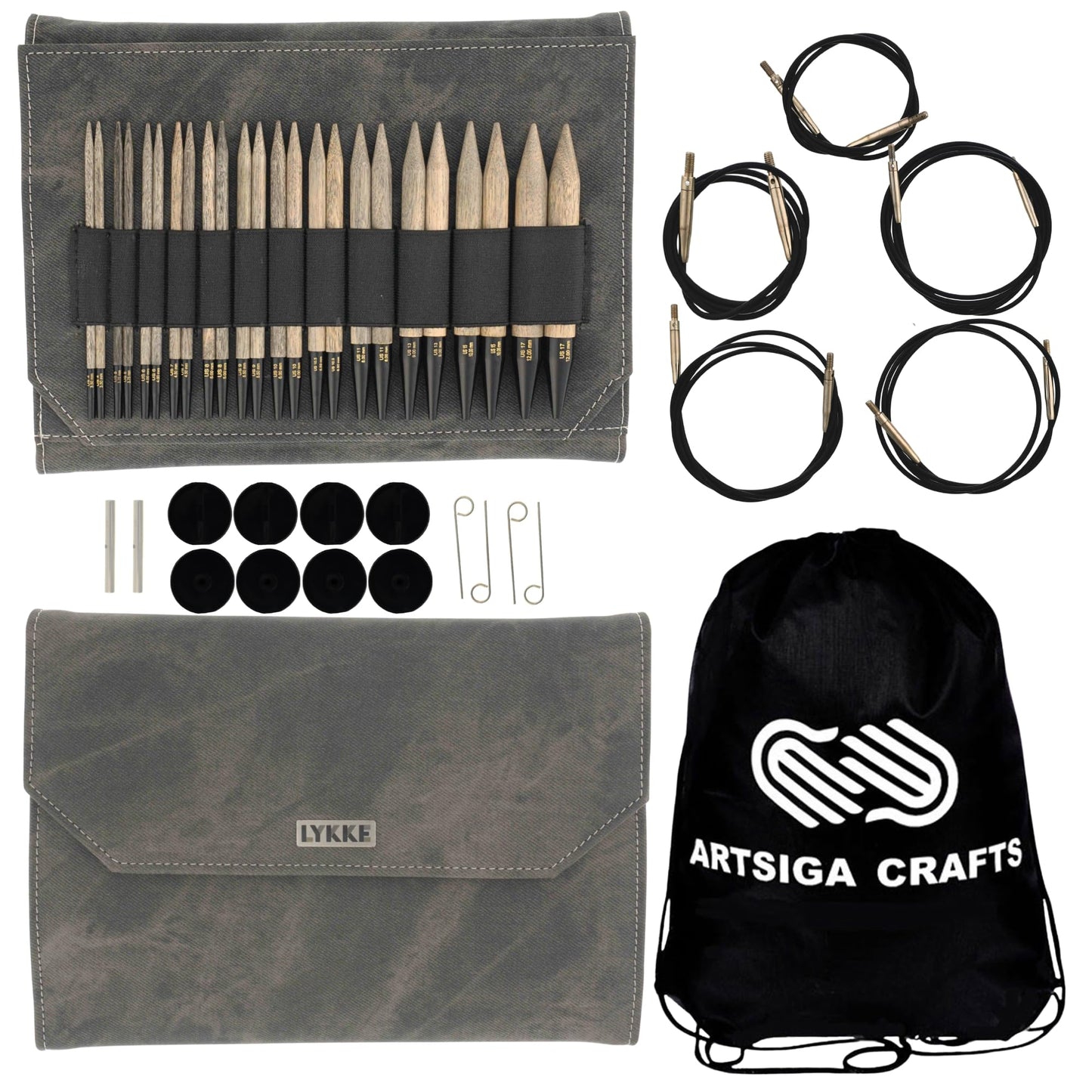 Lykke Driftwood 5 in. Complete Set US 4, 5, 6, 7, 8, 9, 10, 10.5, 11, 13, 15, 17 Interchangeable Circ. Knitting Needles for DK, Worsted, Super Chunky Yarn, Birch, 5 Cords, Grey DM Case, Project Bag