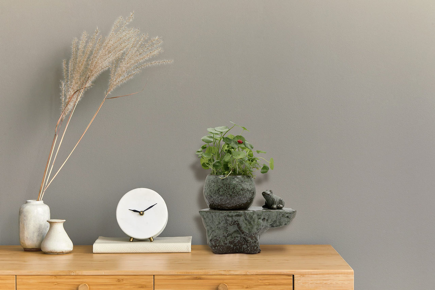 Cotta Planters Self Watering Ceramic Pot with Plant Buddy Frog Figernie in Two Tone Patina Glaze