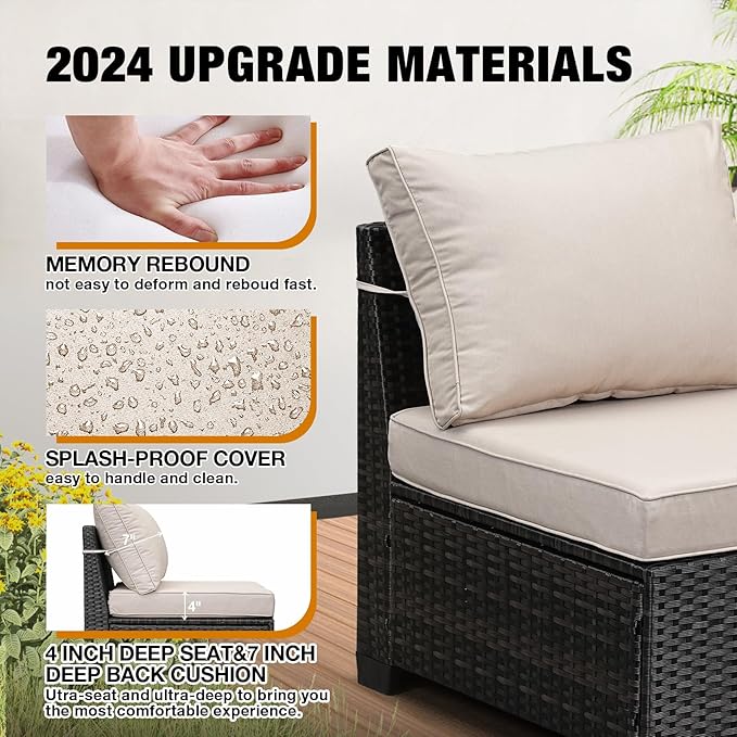5 Pieces Patio Furniture Set All-Weather Outdoor Wicker Sectional Conversation Sofa Rattan Patio Seating Sofa with Cushion and Glass Table and Ottoman for Porch,Beige
