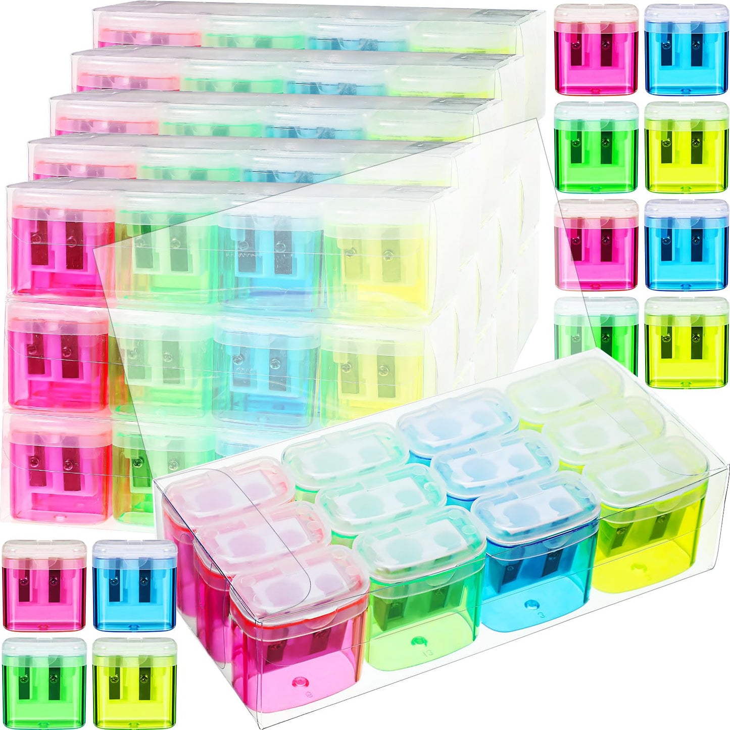 Teling 216 Pcs 180 Pcs Manual Pencil Sharpeners Bulk Handheld Dual Holes Pencil Sharpeners Colorful Portable Compact Sharpener with Lid for Home Office Supply