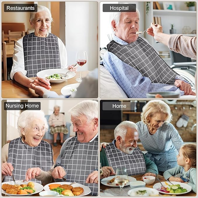 Adult Bibs, Waterproof Bib Clothing Protector with Crumb Catcher, Reusable Dining Bibs for Elderly, Men Women