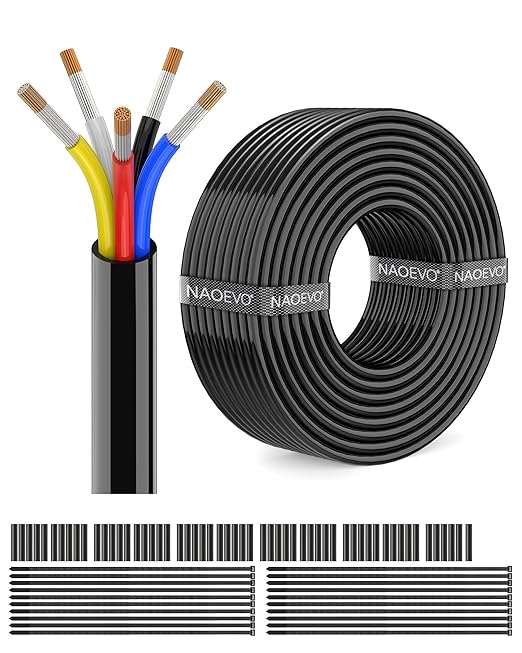 NAOEVO 16 Gauge Wire 5 Conductor Electrical Wire, 16 AWG Stranded PVC Cord, 12V Low Voltage/Tinned Copper/Flexible Cable for Automotive Wiring, Lamp Cord, Marine Cable (100FT)